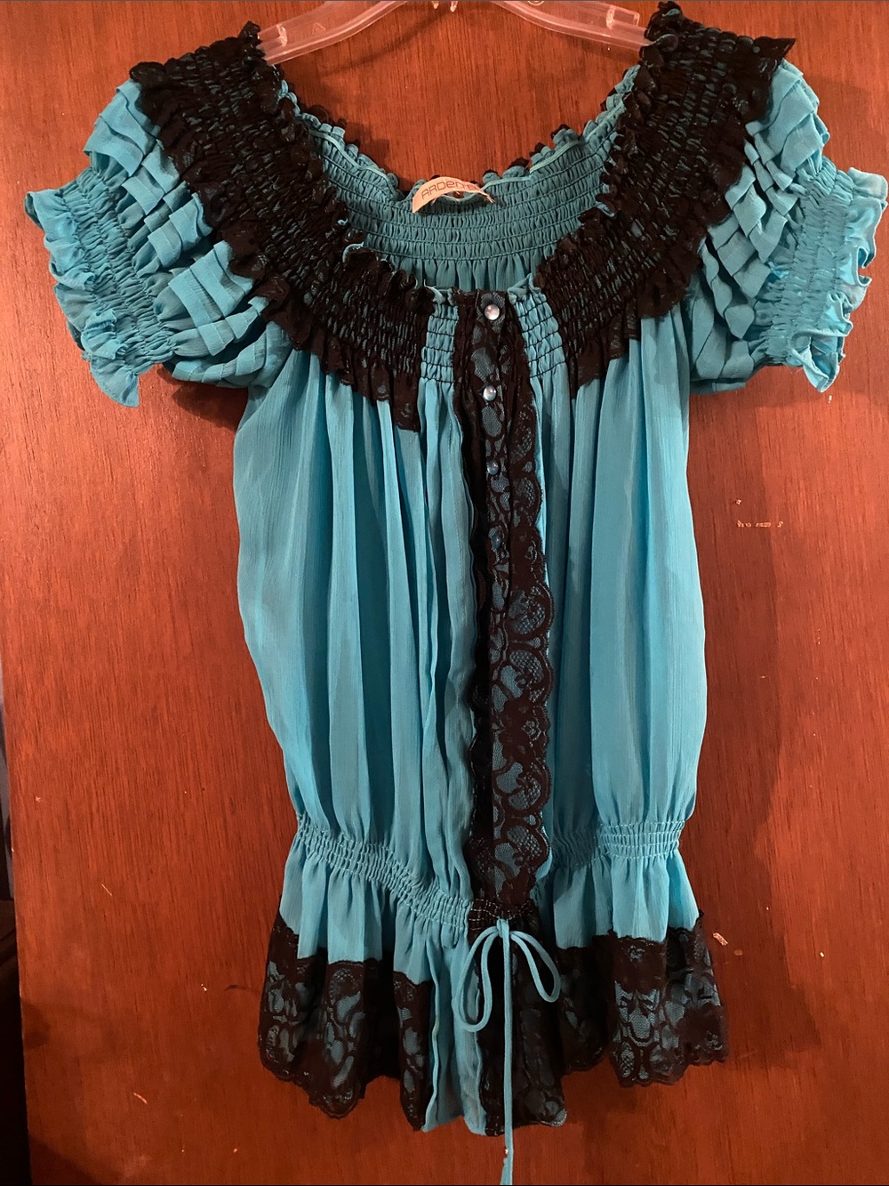 Arden B Teal Off-Shoulder Top with Black Lace Trim